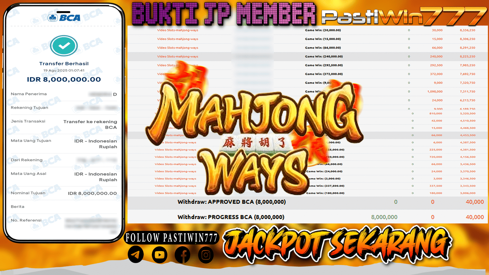 BUKTI JP MEMBER PASTIWIN777 BERMAIN GAME MAHJONG WAYS -PG SOFT