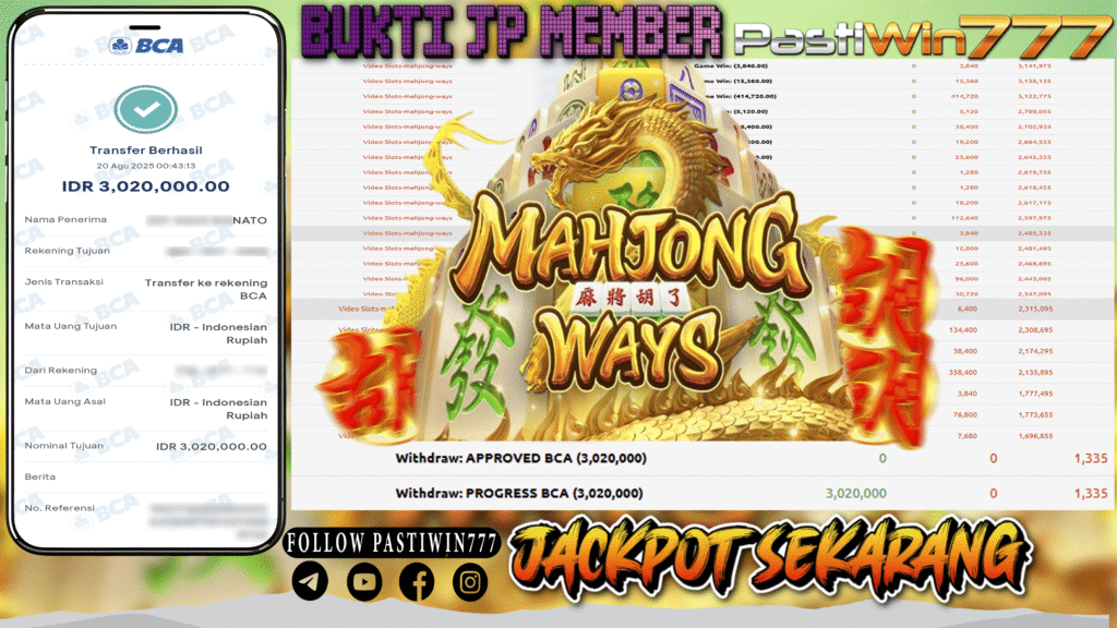 BUKTI JP MEMBER PASTIWIN777 BERMAIN GAME MAHJONG WAYS -PG SOFT