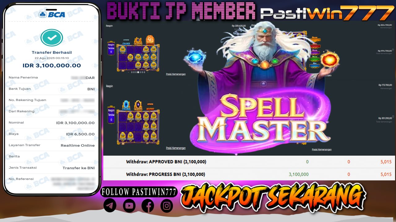 BUKTI JP MEMBER PASTIWIN777 BERMAIN SPELLMASTER -PRAGMATIC PLAY