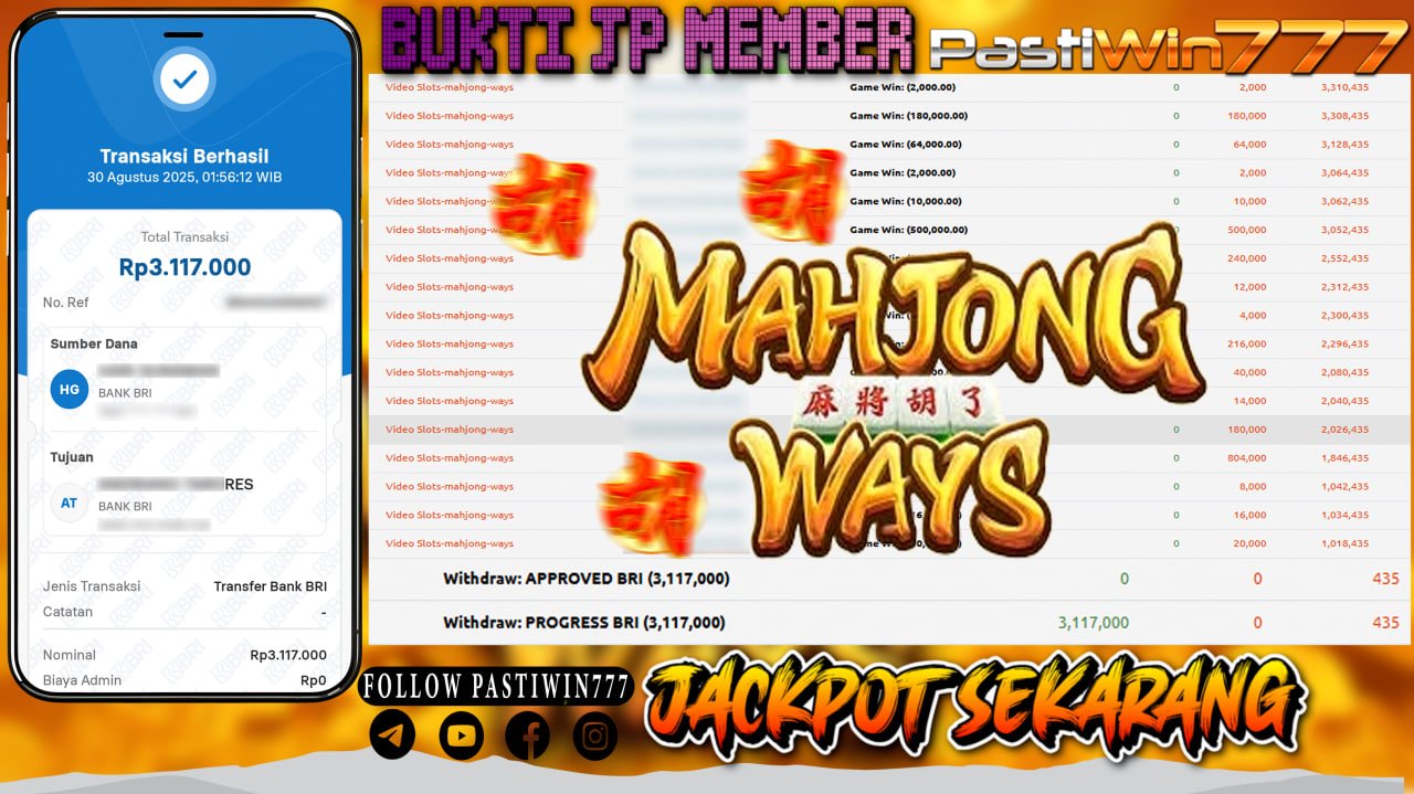 BUKTI JP MEMBER PASTIWIN777 BERMAIN GAME MAHJONG WAYS -PG SOFT