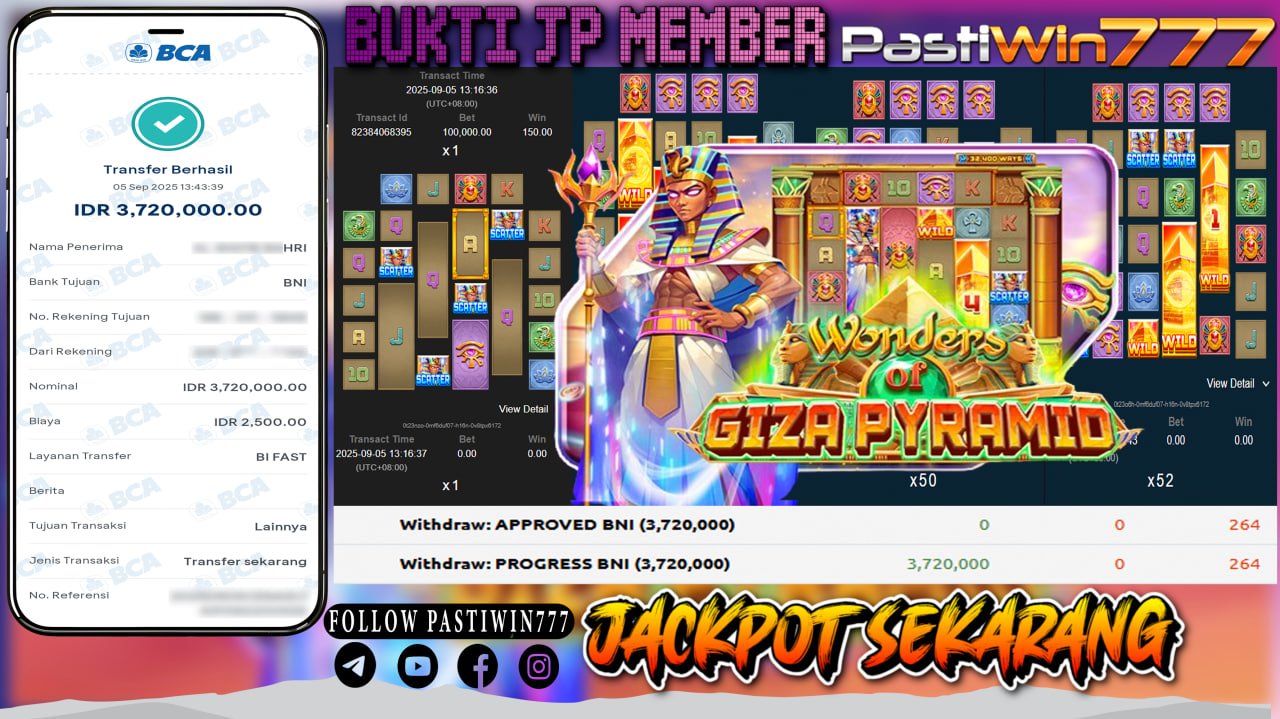 BUKTI JP MEMBER PASTIWIN777 BERMAIN WONDER OF GIZA PYRAMID-LIVE22
