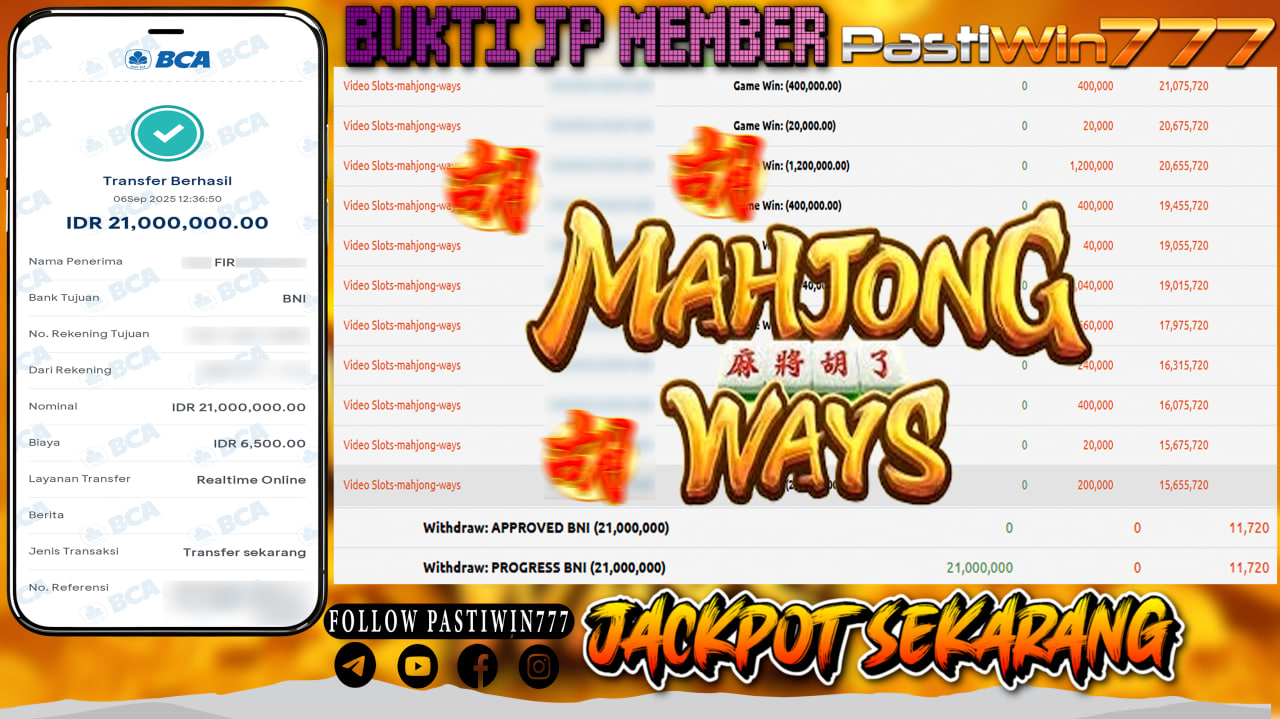 BUKTI JP MEMBER PASTIWIN777 BERMAIN GAME MAHJONG WAYS -PG SOFT
