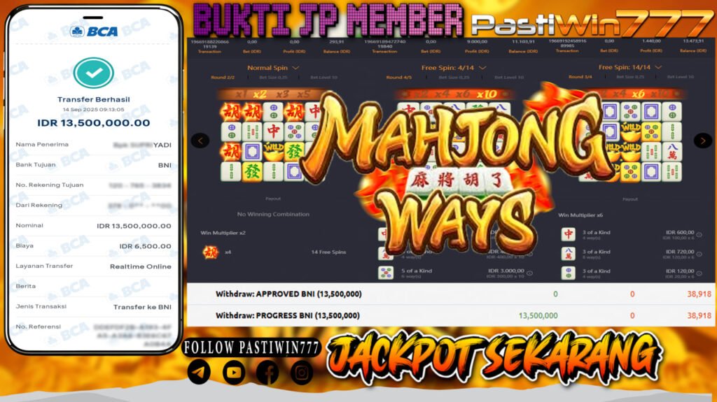 BUKTI JP MEMBER PASTIWIN777 BERMAIN GAME MAHJONG WAYS -PG SOFT