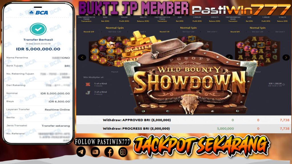 BUKTI JP MEMBER PASTIWIN777 BERMAIN WILD BOUNTY SHOWDOWN -PG SOFT