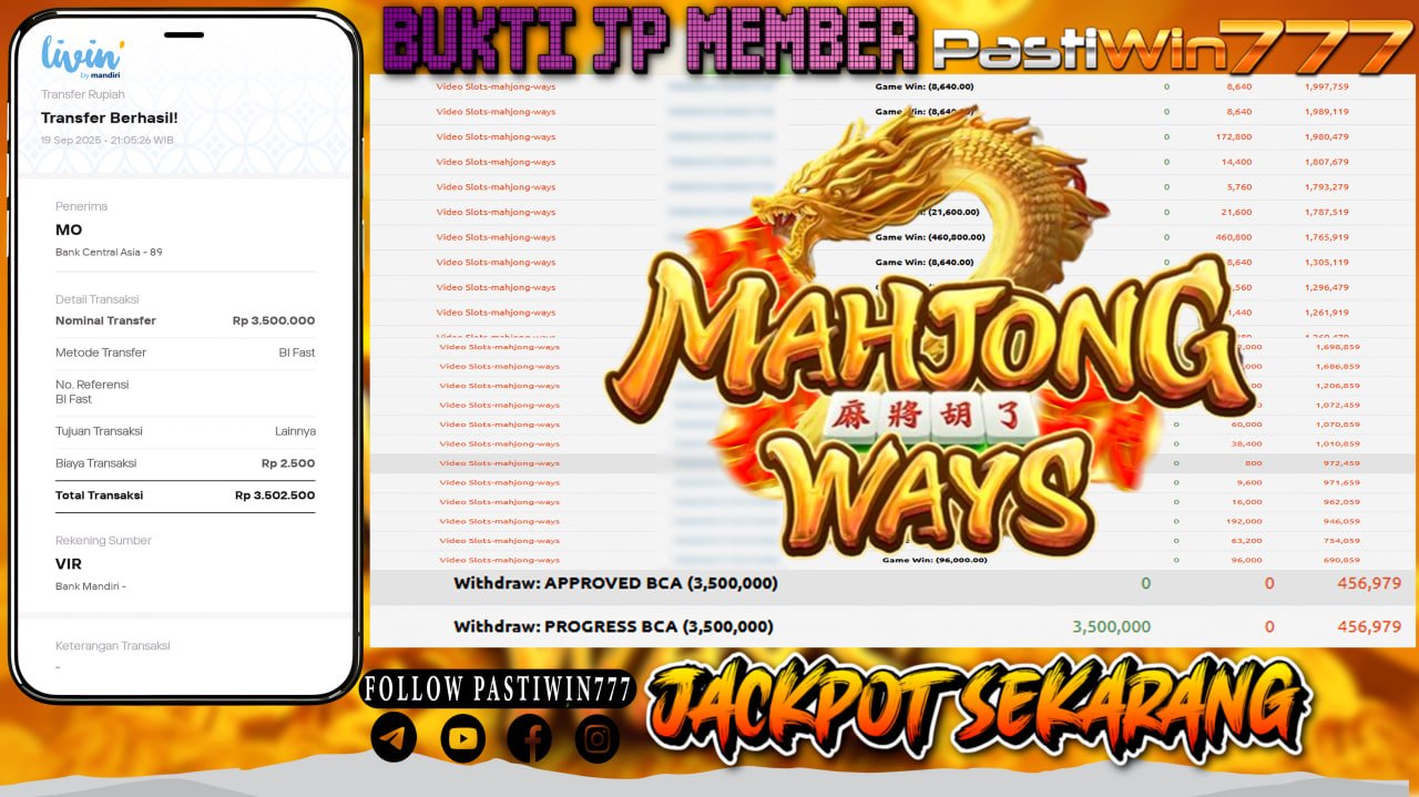 BUKTI JP MEMBER PASTIWIN777 BERMAIN GAME MAHJONG WAYS -PG SOFT